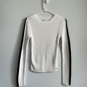 white long sleeved ribbed fitted shirt.